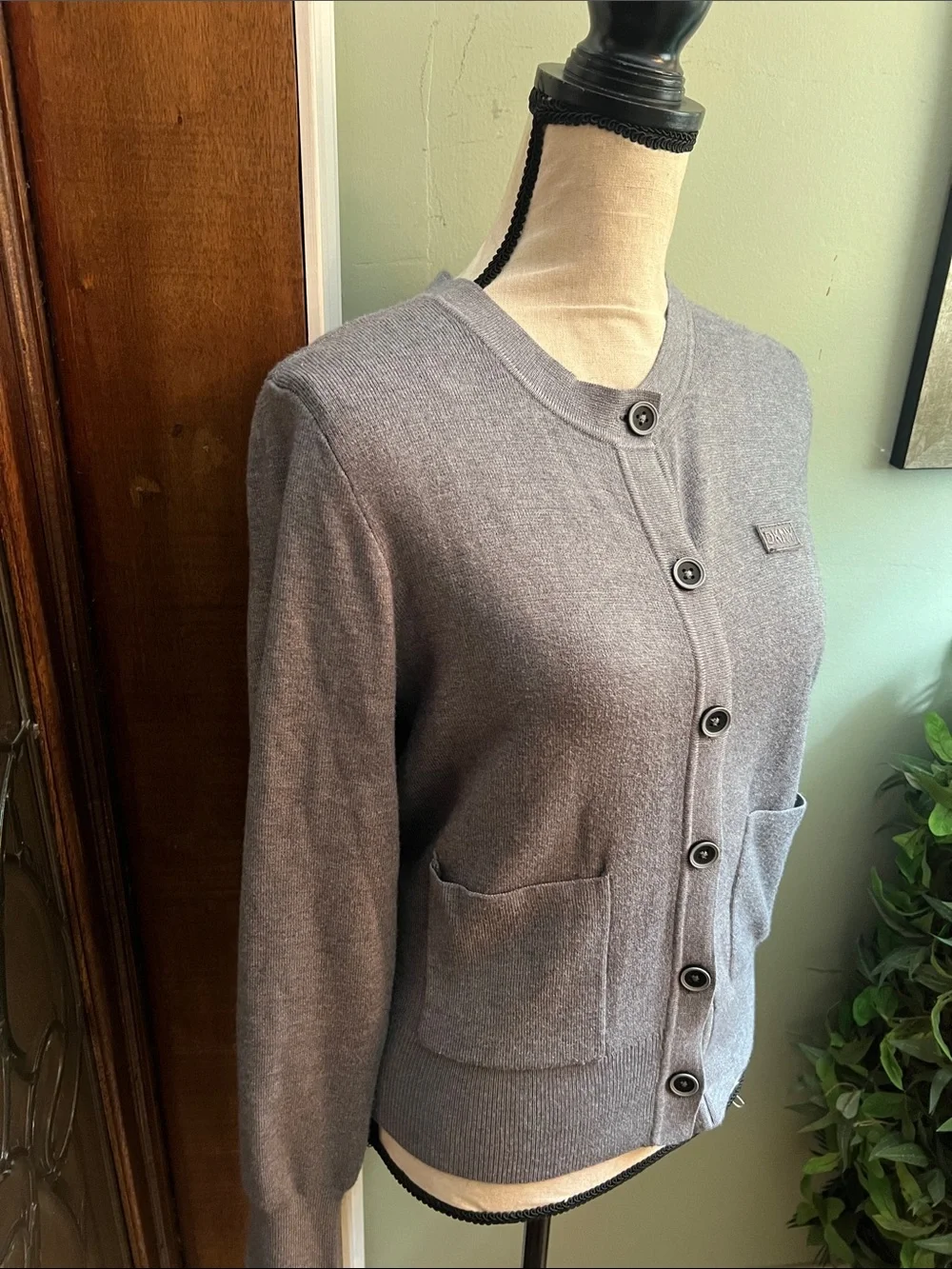 DKNY Light Gray Button-Front Knit Cardigan